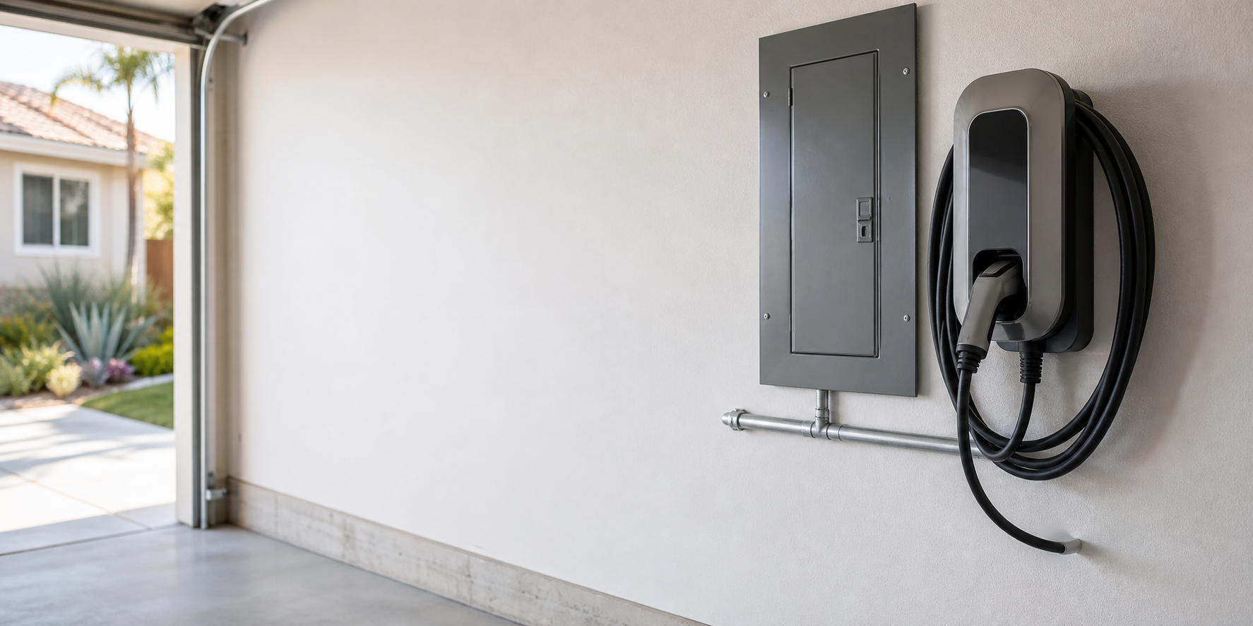 Residential electrical panel beside EV charging equipment